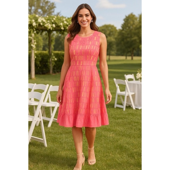 Tracy Reese Dresses & Skirts - Tracy Reese Pink Yellow Linen Blend Fit Flare Midi Dress 8 Spring Wedding Guest
